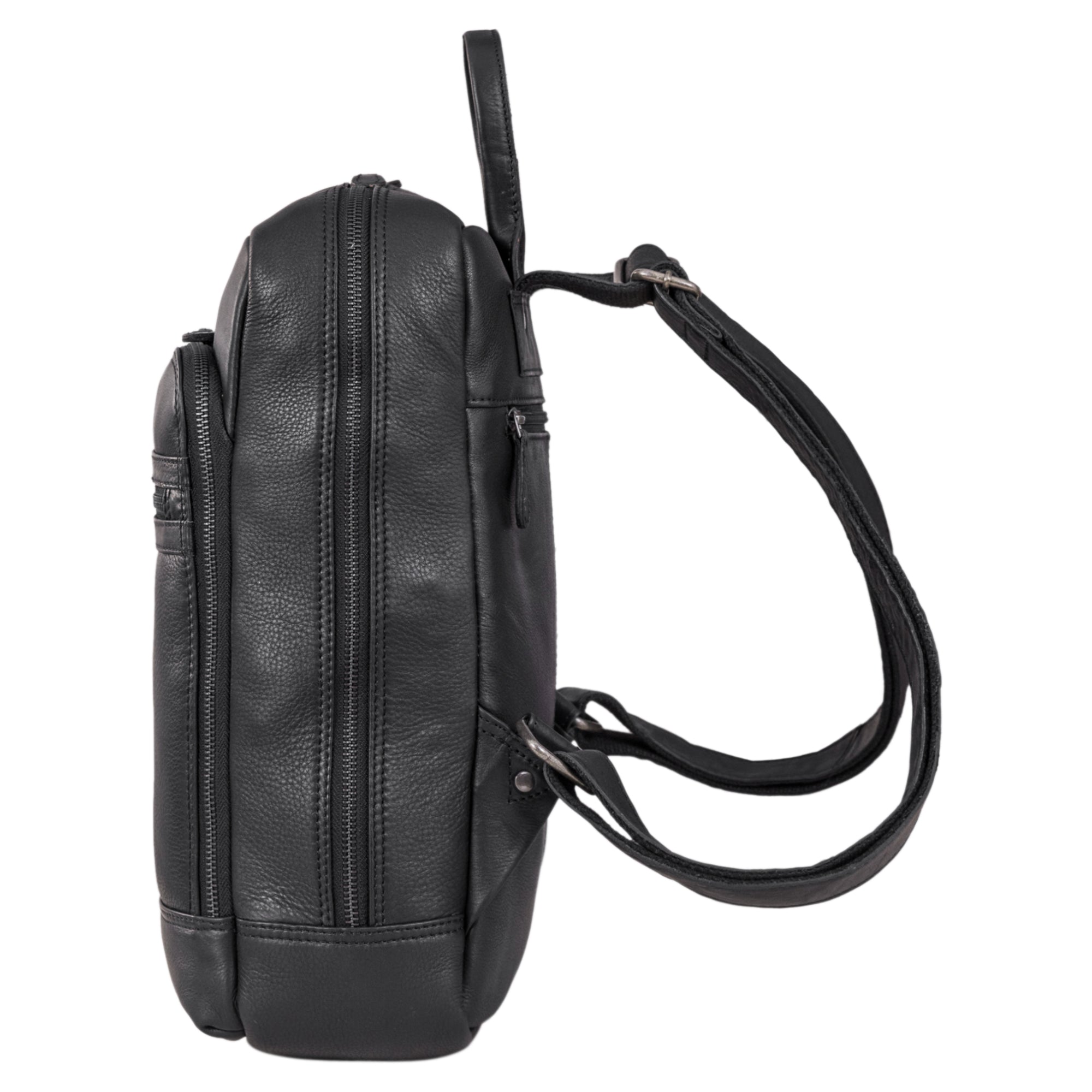 Cityrucksack in schwarz Leder mit verstellbaren Schultergurten