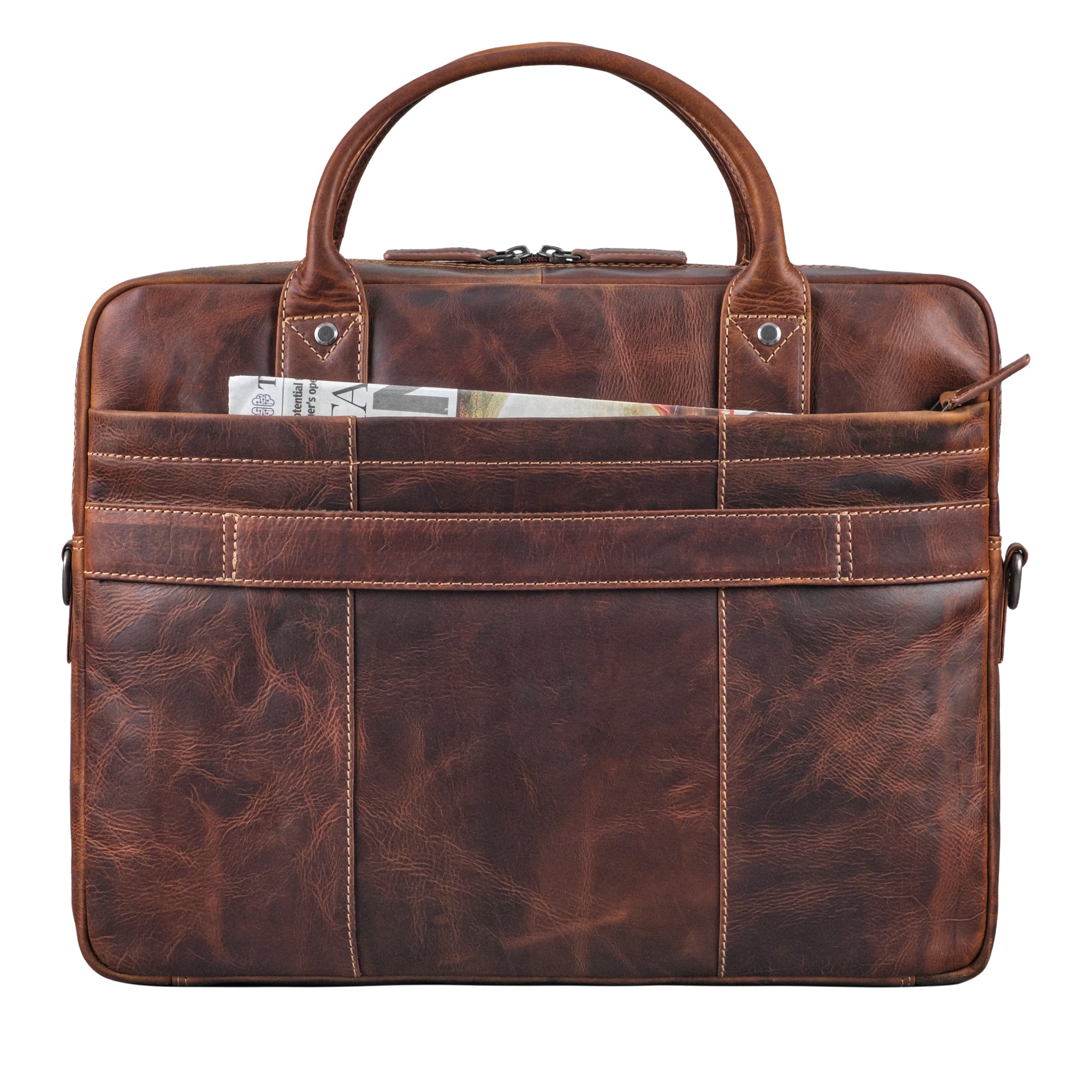 Leder Schultertasche braun mit hinterem Reißverschlussfach und Trolleyhalterung