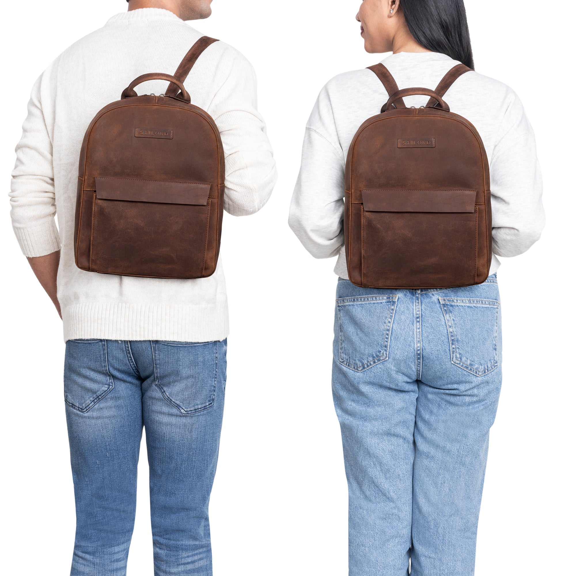 Rucksack Leder Braun getragen von einem Mann und einer Frau