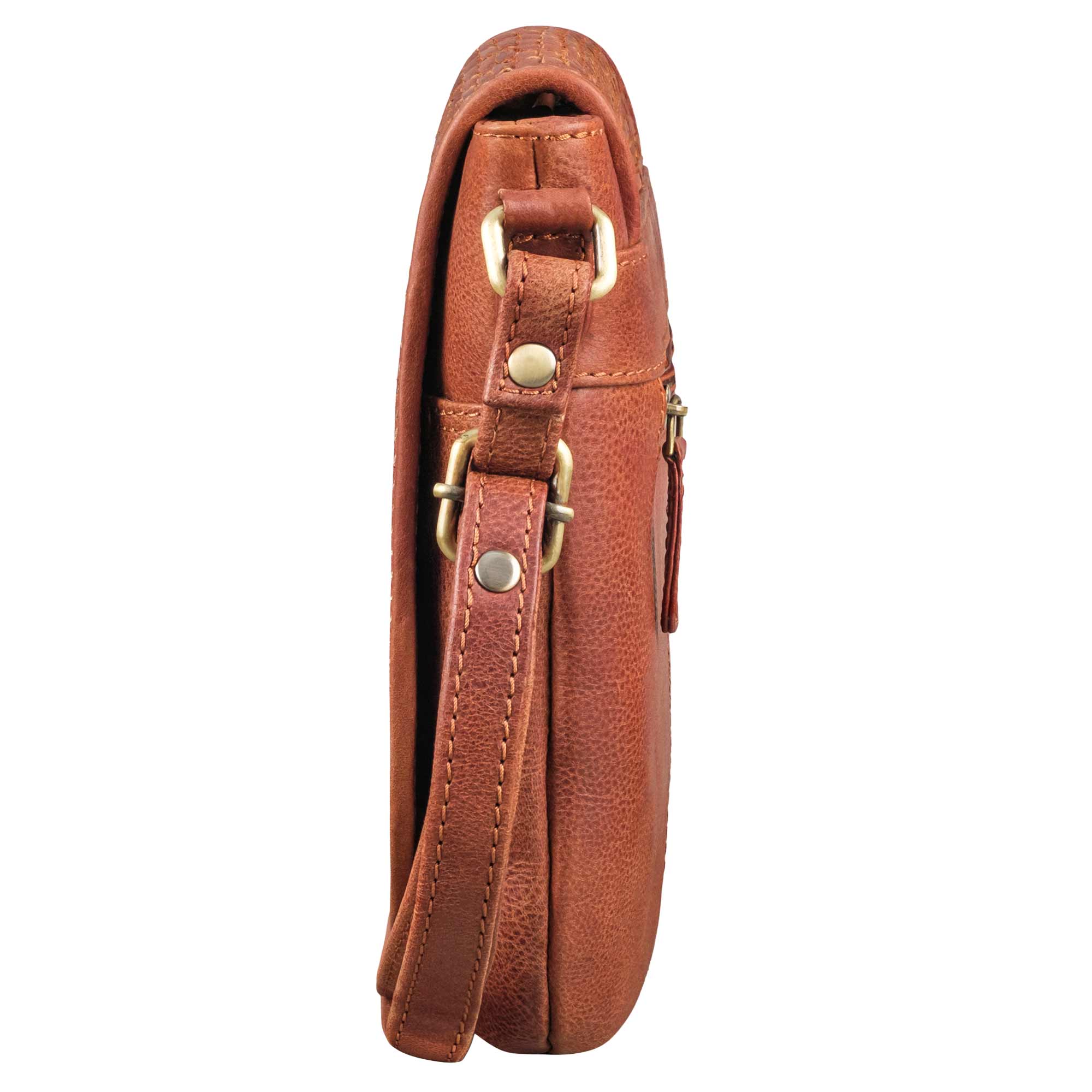 Leder Crossbody Tasche cognac aus der seitlichen Perspektive