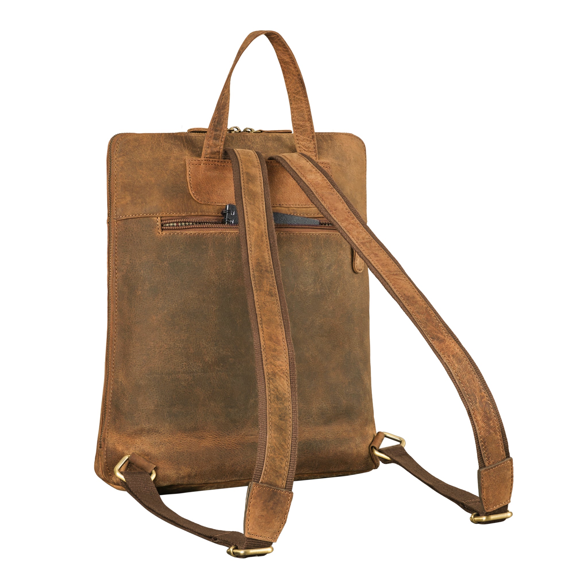 Lederrucksack braun mit Reißverschlussfach auf der Rückseite