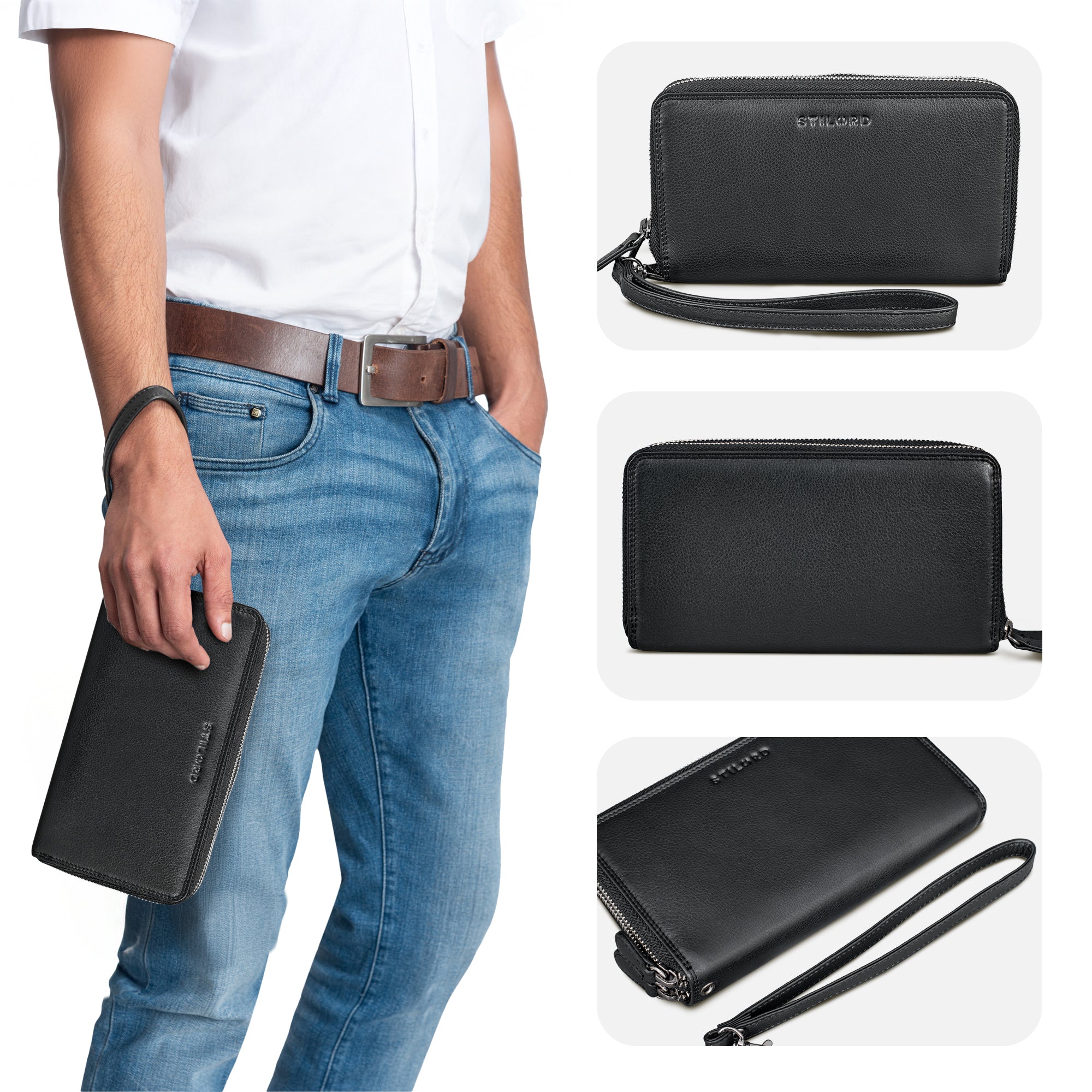 Herren Handgelenktasche Leder Schwarz