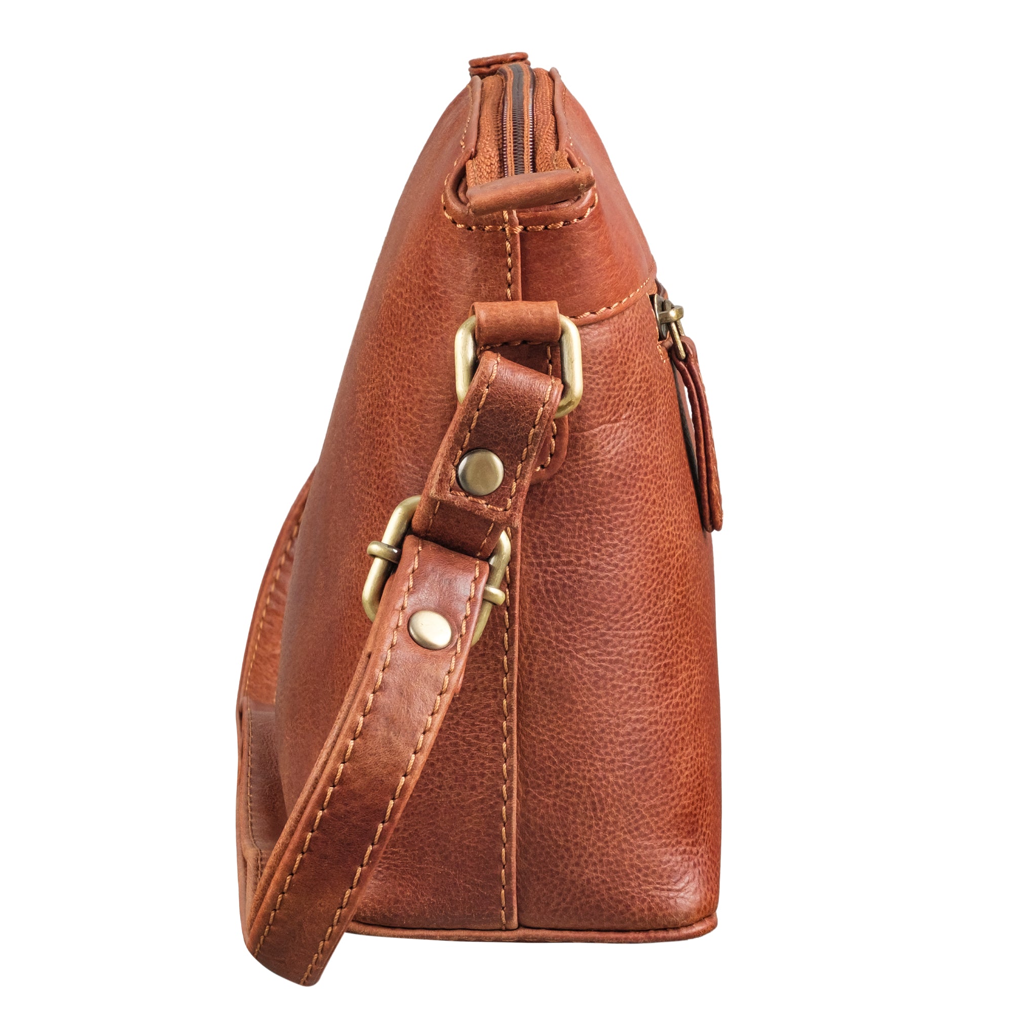 Leder Crossbody Tasche cognac aus der seitlichen Perspektive