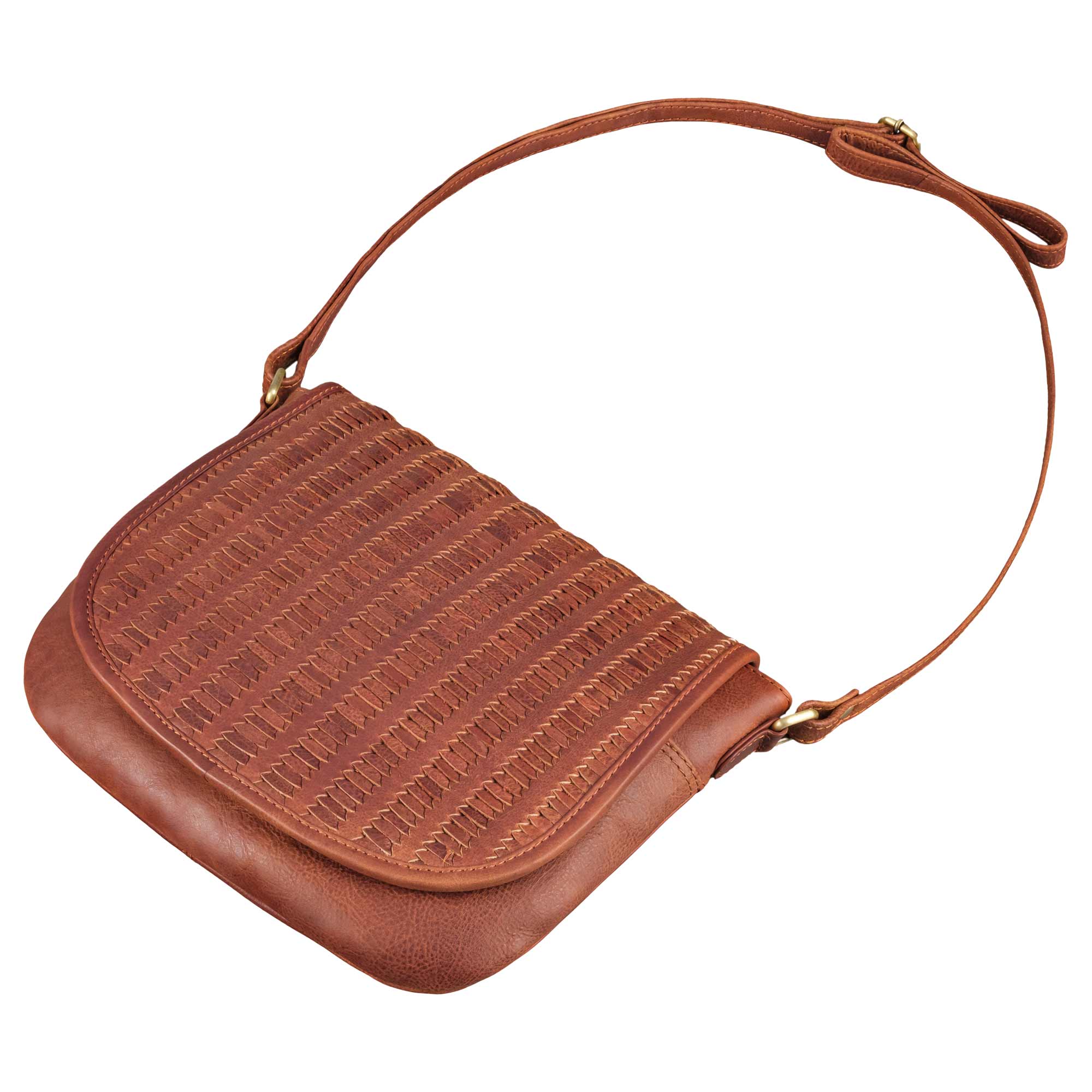 Kleine Ledertasche Damen cognac mit Flecht-Optik auf dem Überschlagdeckel