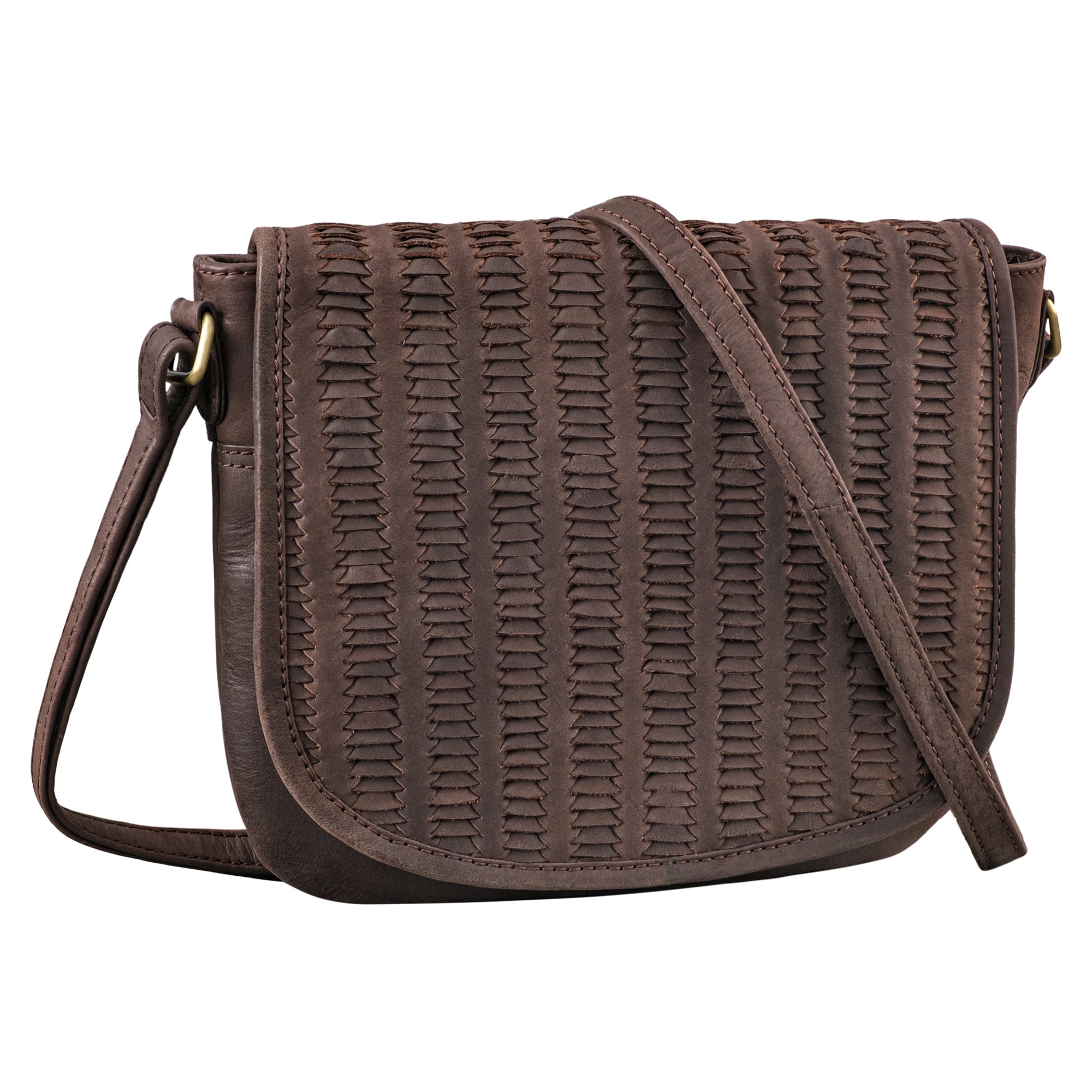 Damen Schultertasche Leder geflochten braun aus der schrägen Frontalperspektive