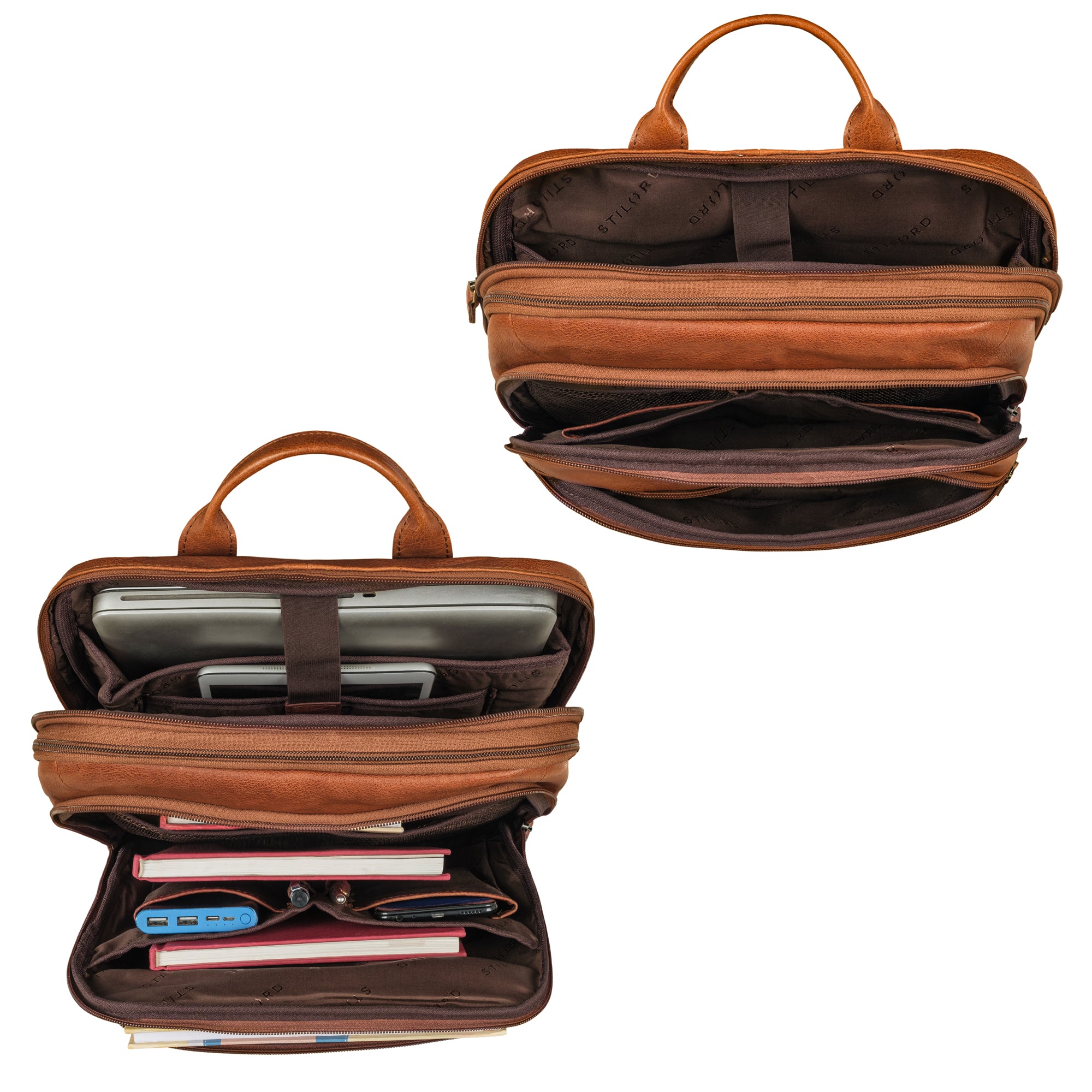 Schmaler Lederrucksack Cognac mit vielen Fächern