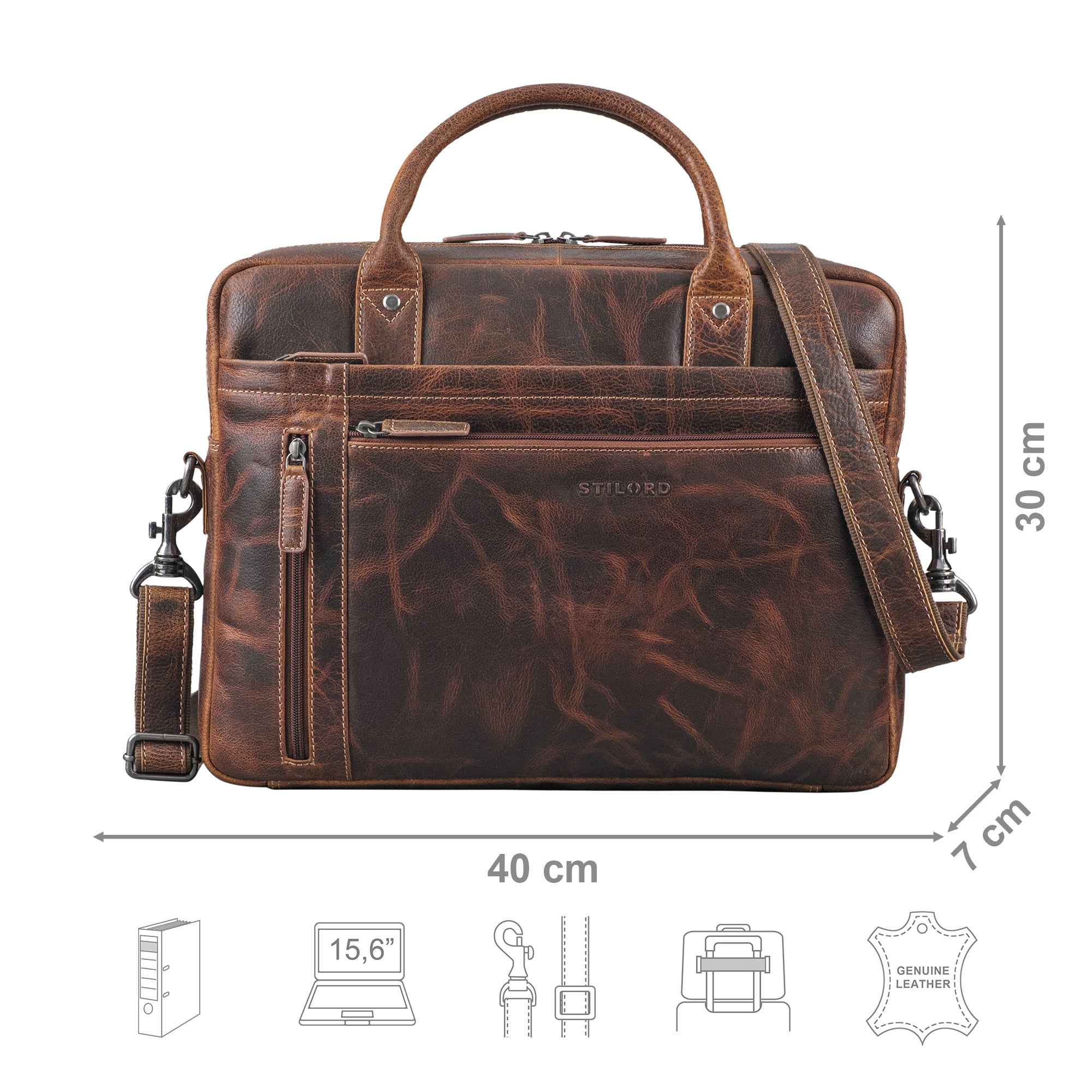 Aktentasche Leder braun mit Größenangaben und USP Icons