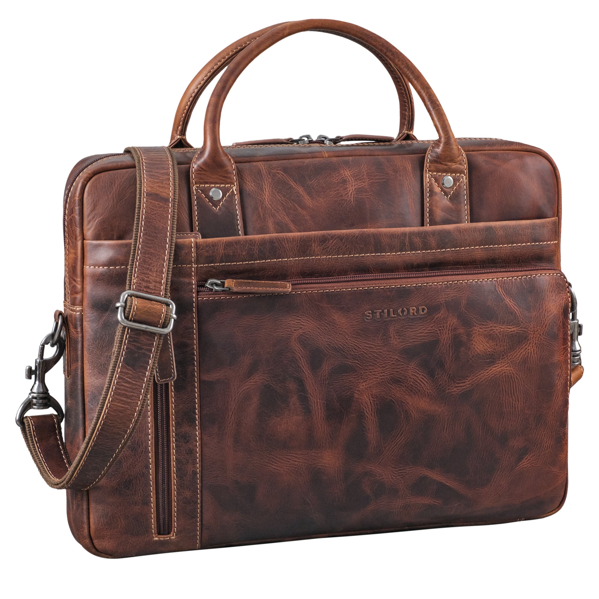 Große Henkeltasche Leder braun aus der schrägen Frontalperspektive