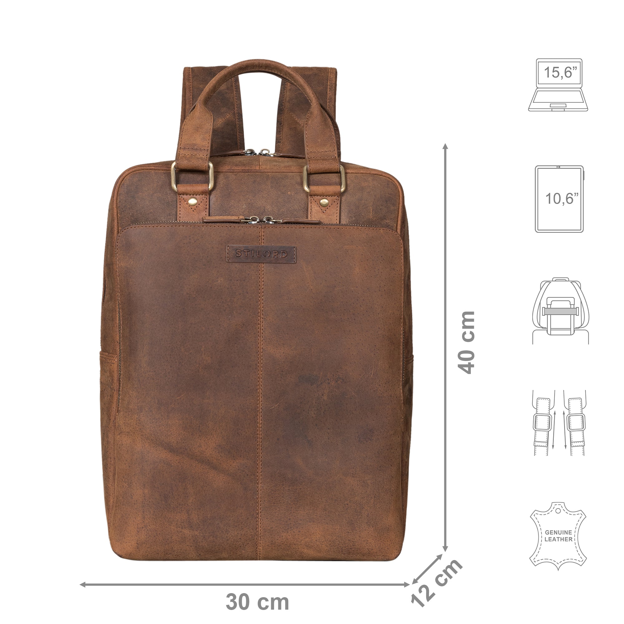 Rucksack Leder Braun mit Größenangaben und zusätzlichen Icons