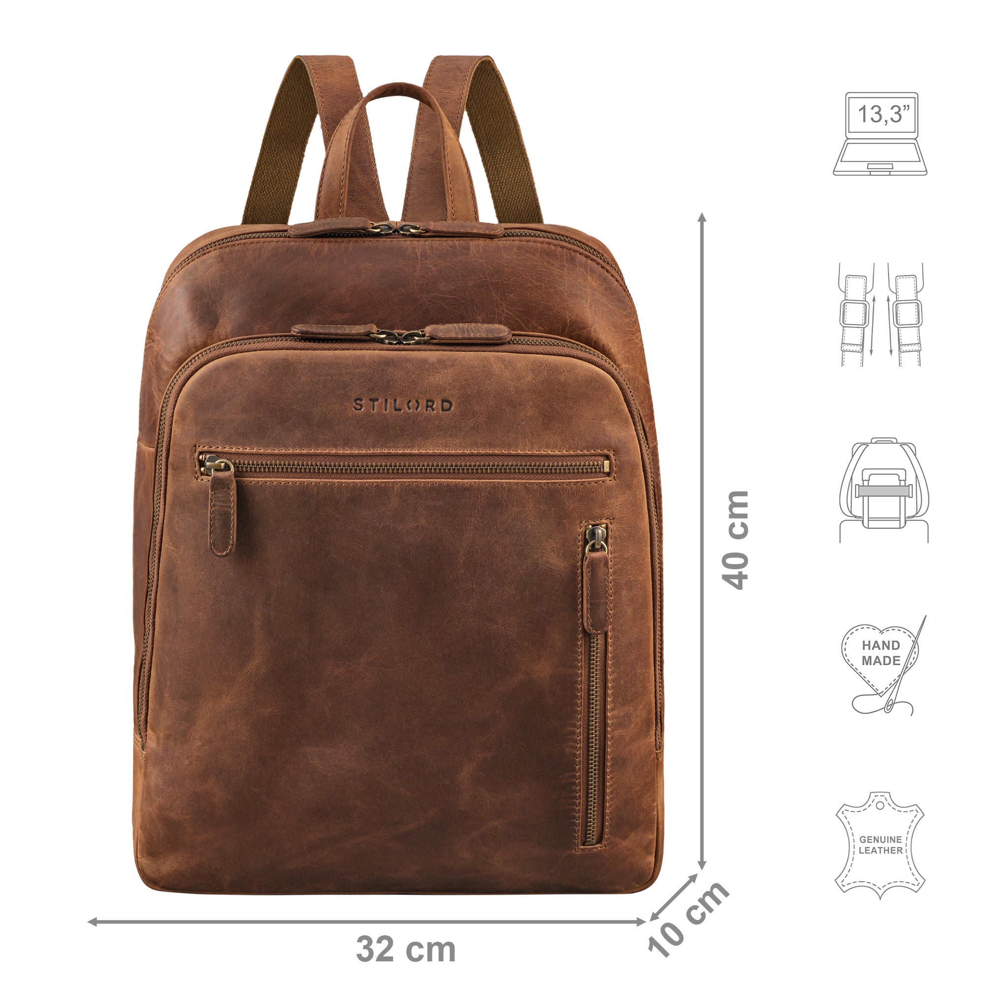 Daypack Leder klein braun mit Größenangaben und zusätzlichen Merkmal Icons