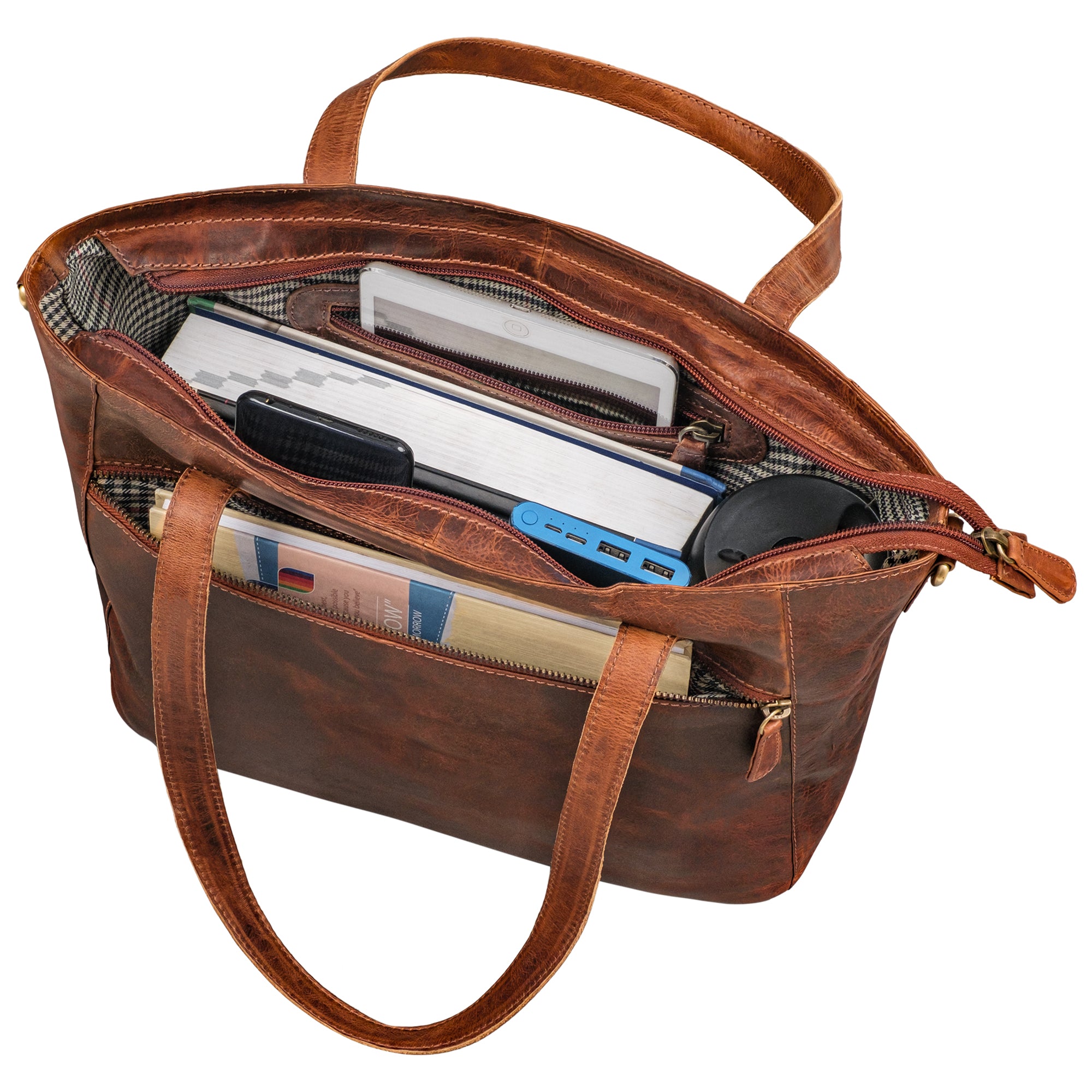 Damen Handtasche Leder braun mit großem Hauptfach
