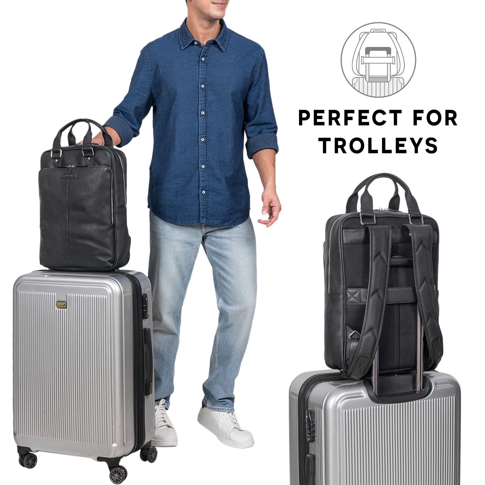 Lederrucksack Schwarz Groß mit Trolleyhalterung 