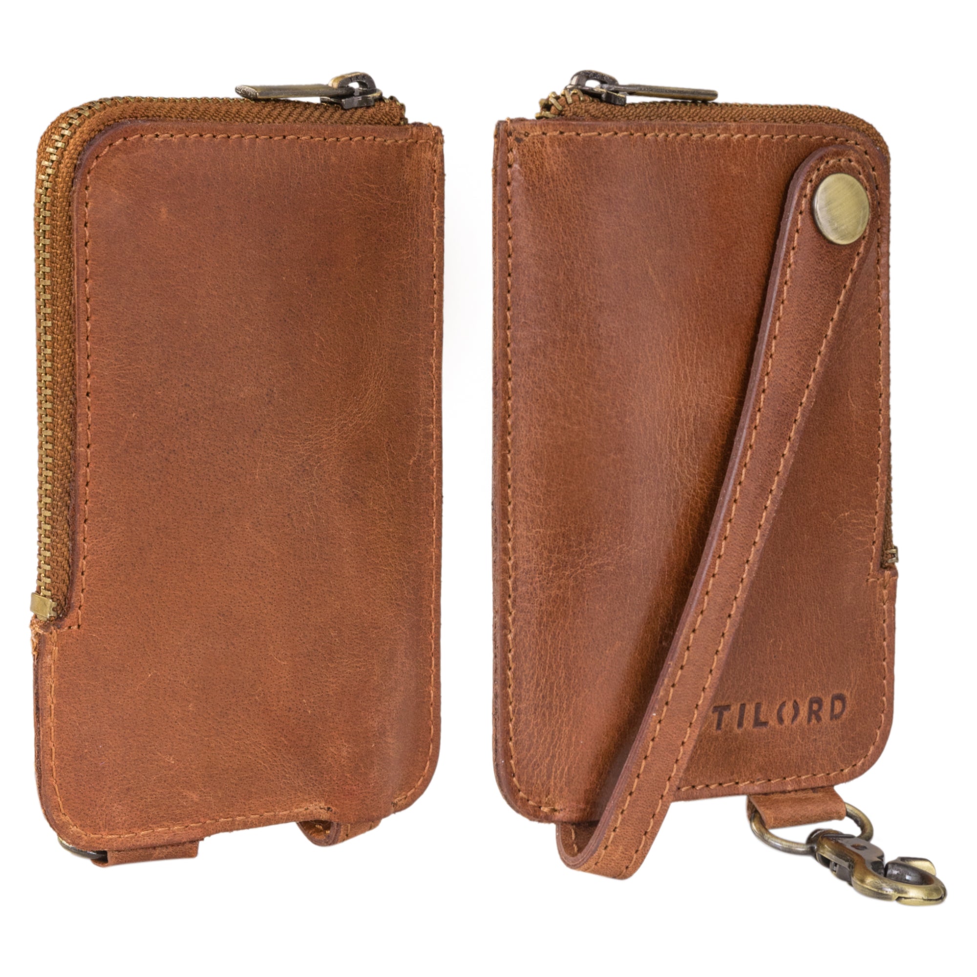 Schlüsseltasche Leder braun mit Reißverschluss aus der Vordersicht und Rücksicht
