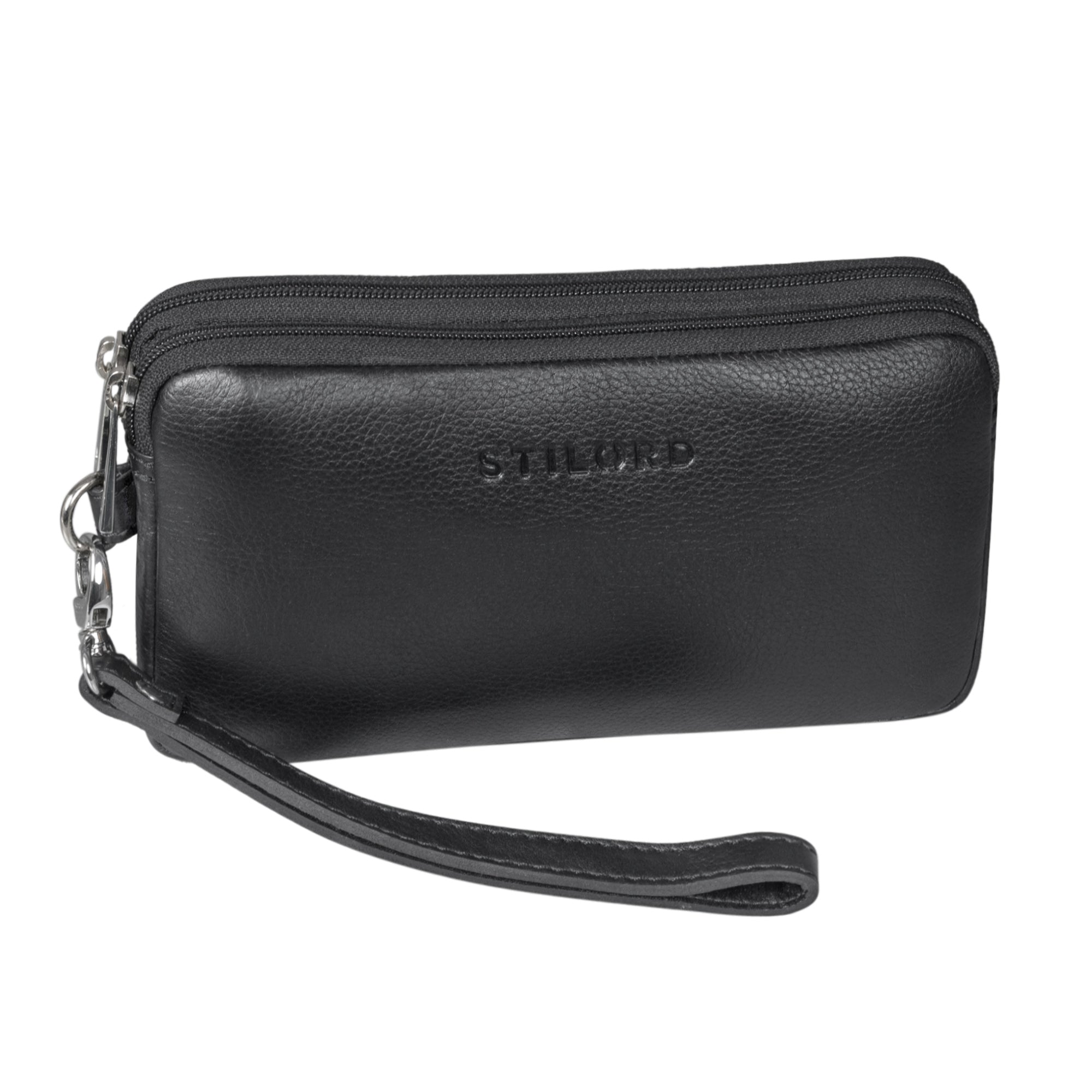 Schwarze Lederhandgelenktasche kompakt