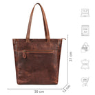 Tote Bag Leder cognac mit Größenangaben und zusätzlichen USP Icons