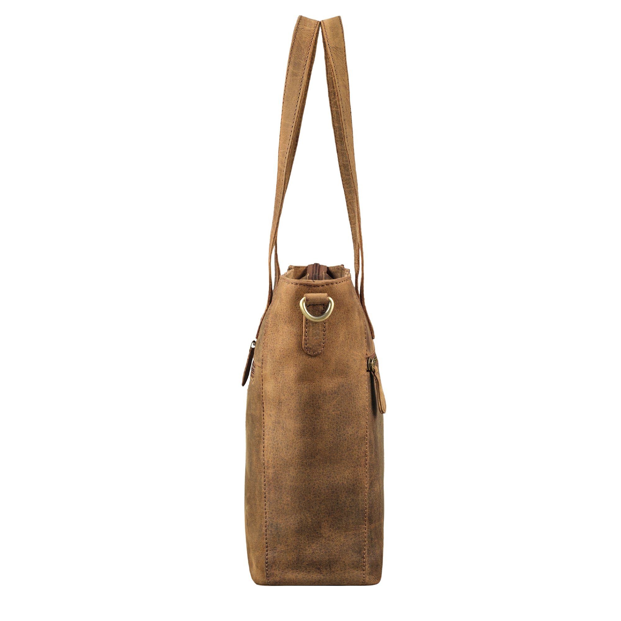Leder Schultertasche braun aus der seitlichen Perspektive