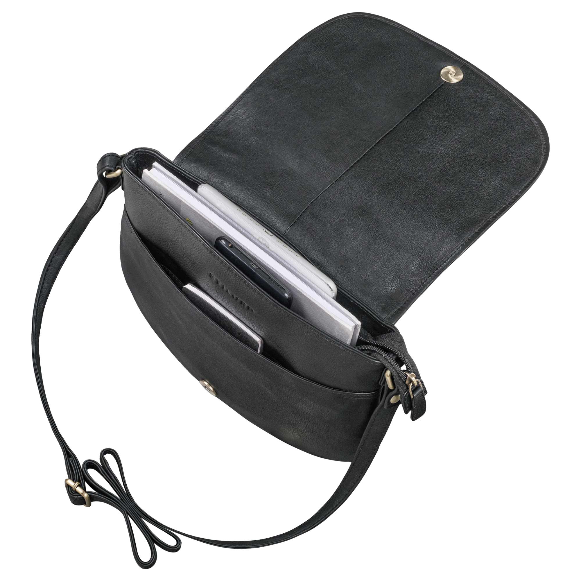 Damen Handtasche Leder schwarz mit einem Reißverschlussfach und Überschlagdeckel