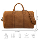 Leder Reisetasche braun mit Größenangaben und zusätzlichen USP Icons
