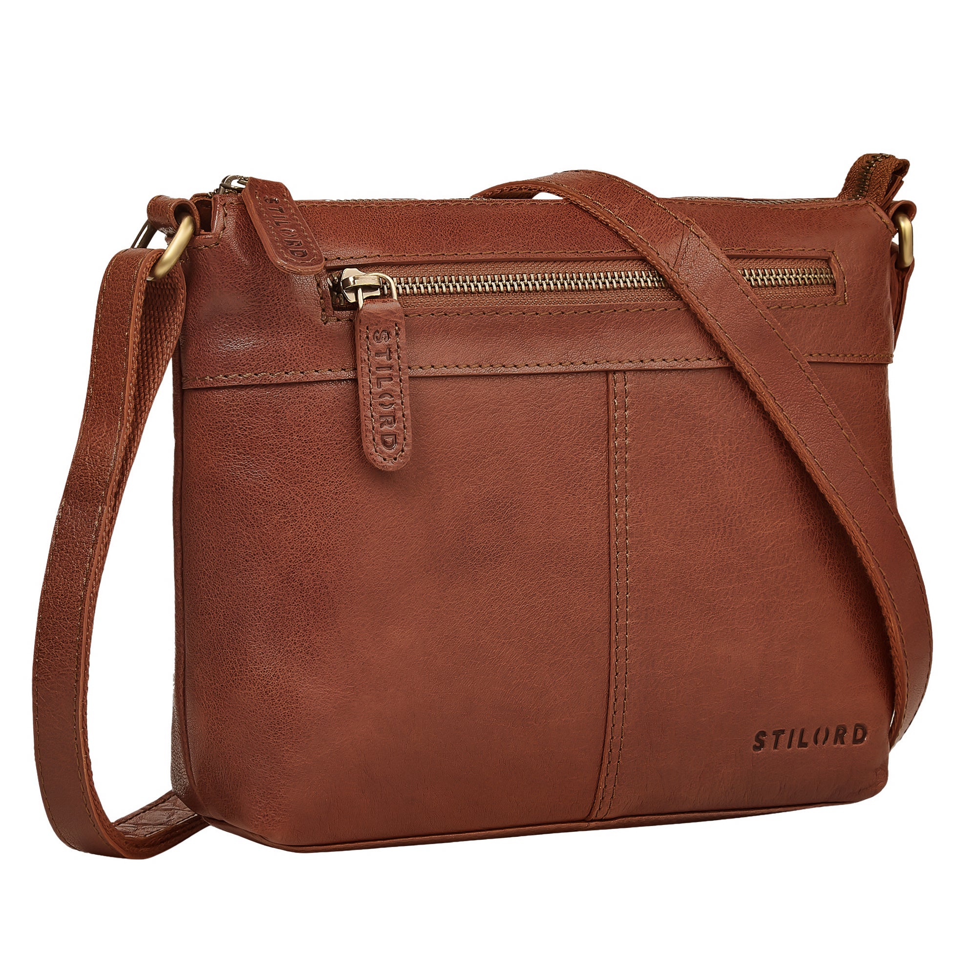 Braune Kleine Ledertasche Damen mit Reißverschluss & Gurt für 8 Zoll