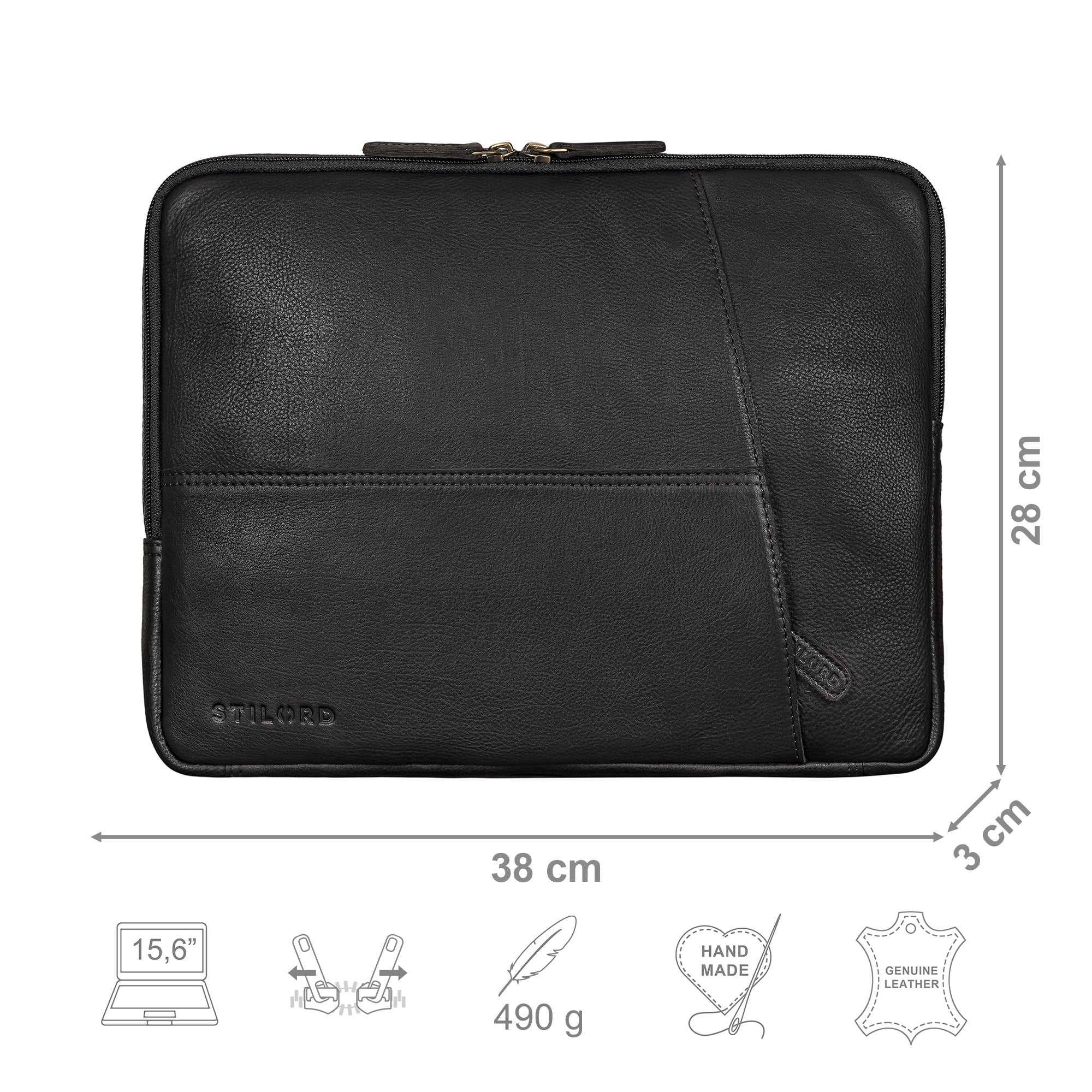Leder Laptoptasche schwarz mit Größenangaben und zusätzlichen Merkmal Icons