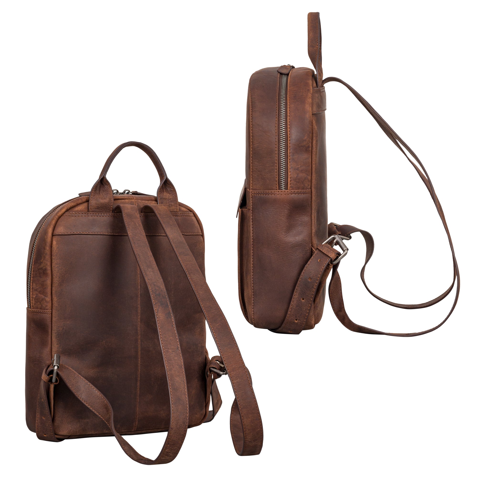 Lederrucksack Damen Braun in der seitlichen und hinteren Darstellung