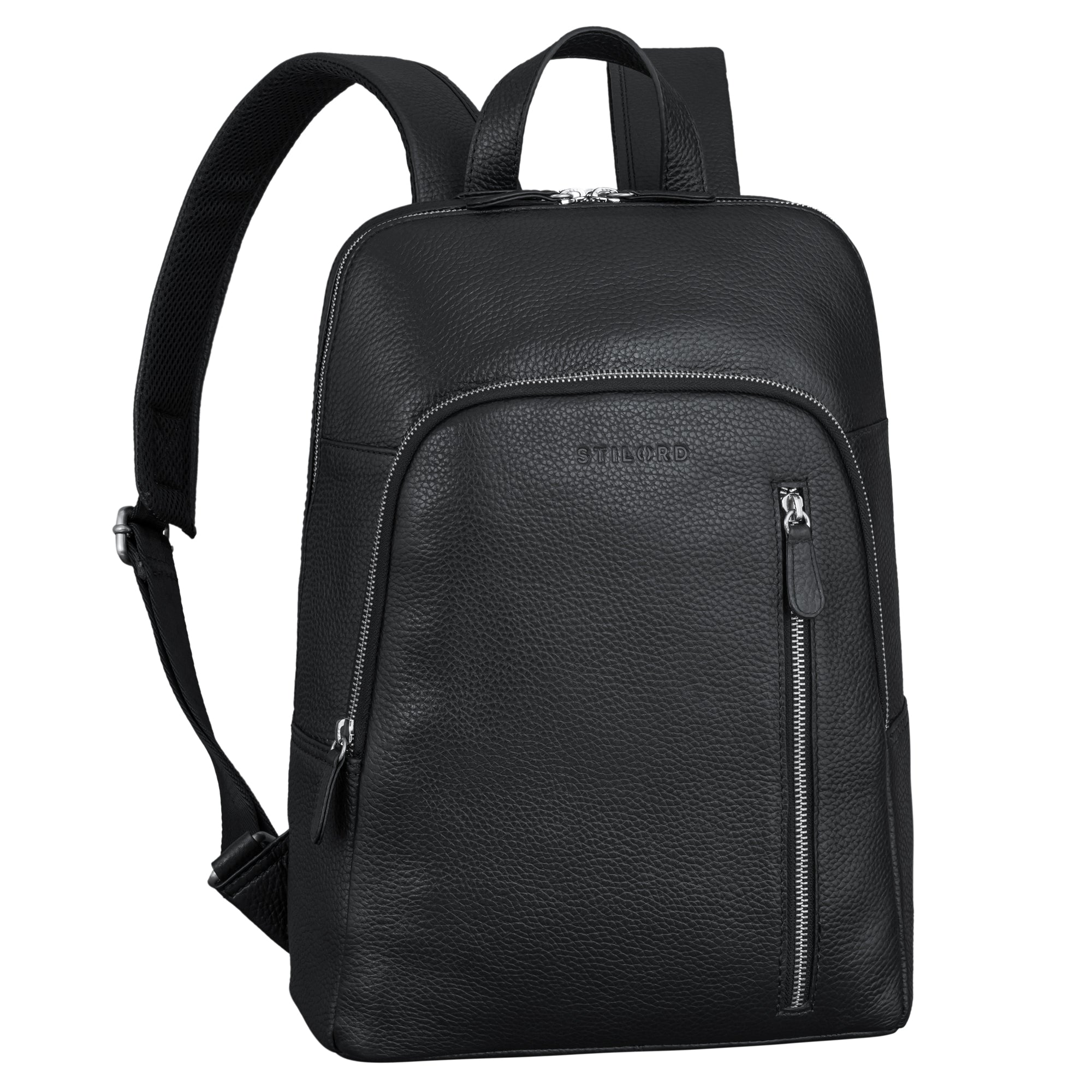 Mittelgroßer Lederrucksack mit Laptop-Fach 13.3 Zoll für Damen und Herren in Schwarz 